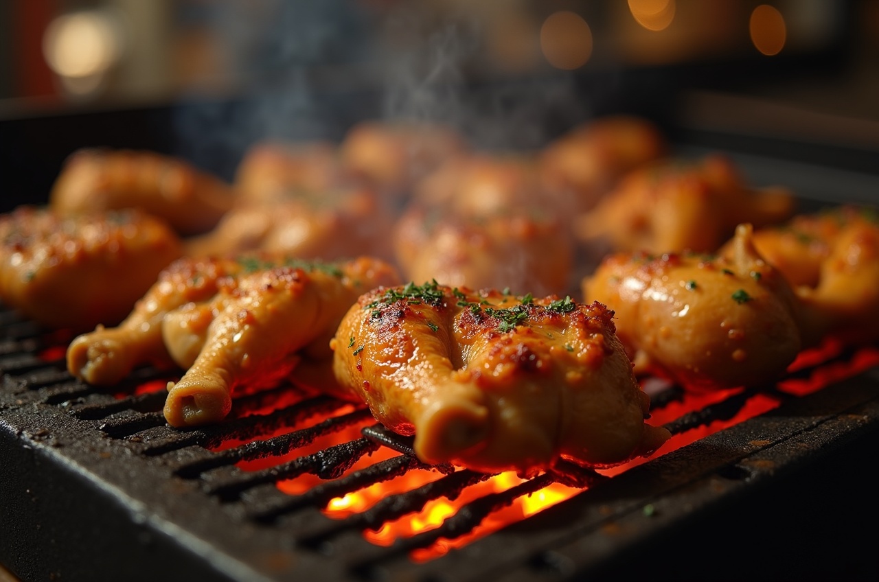 Medio pollo entero sobre parrilla de carbón, piel dorada, brasas visibles al fondo