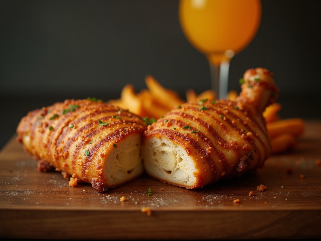 Pollo entero cortado en octavos sobre tabla de madera, jugos visibles