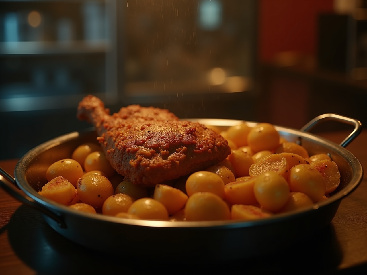 Bandeja de metal con medio pollo y papas rústicas