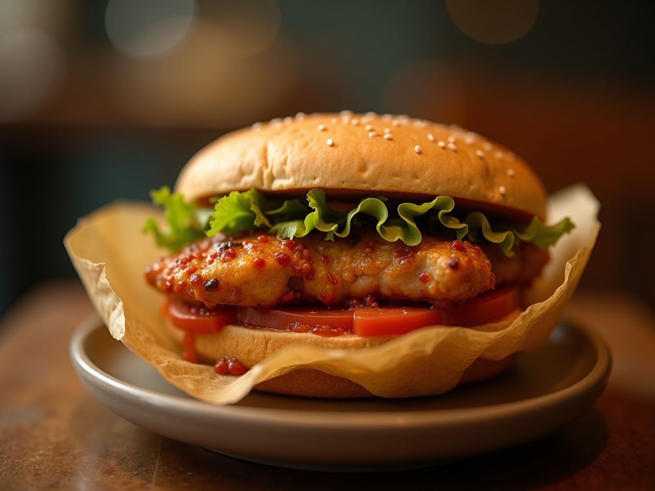 Sándwich de pollo cortado por la mitad, salsa chorreando, envuelto en papel